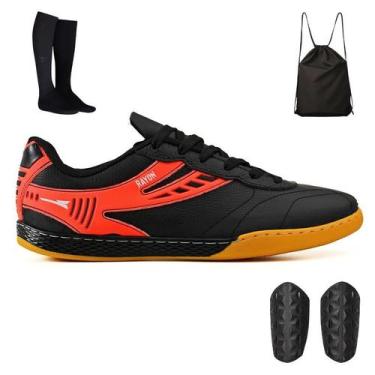 Imagem de Kit Chuteira Fustal Indoor + Mochila + Meião e Caneleira - Light, Pret