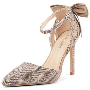 Imagem de Carcuume Sandália feminina de bico fechado com salto agulha com laço e bico fino, sapatos de casamento, Espinha de peixe marrom, 36