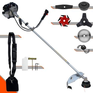 Imagem de Roçadeira À Gasolina Toyama TBC43H 43cc 1,7HP Alta Rotação Com Cabeçote de Nylon + Facas 2 Pontas, 3 Pontas, 6 Pontas, 40 Dentes de Vídea e Trimmer