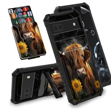 Imagem de BREIDMKFM Capa para Pixel 6A, capa para Google Pixel 6A com protetor de tela, suporte e suporte de cartão, capa protetora híbrida de camada dupla removível à prova de choque, vaca Highland fofa