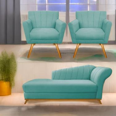 Imagem de Kit Diva Recamier Vanessa 160Cm Lado Esquerdo E 02 Poltronas Laura Suede Cor Azultiffany