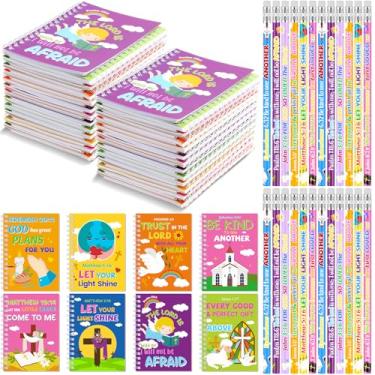Imagem de Crtiin 48 peças incluem 24 versículos bíblicos bloco de notas 24 lápis crianças presentes de Natal igreja cristã estudantes sala de aula, caderno religioso, lápis de oração, bolso escolar (estilo