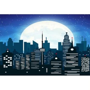 Imagem de SIEDYCV 3 x 2 m, cenário noturno de cidade de super-herói, lua cheia, céu estrelado, cenário urbano, desenho animado, horizonte, cidade, fotografia de fundo para chá de bebê, aniversário, super-herói