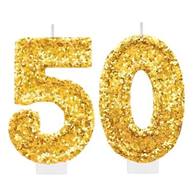 Imagem de Vela de aniversário dourada número 50 para bolo, topo de bolo dourado com glitter, decorações de aniversário de 50 anos, suprimentos de festa para mulheres e homens, decoração de lembrancinhas de