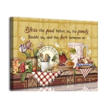 Imagem de Arte de parede em tela de cozinha cristã vintage casa de fazenda cozinha oração abençoe a comida na frente de nós citação quadro decoração de parede pôster impresso arte para sala de jantar decoração