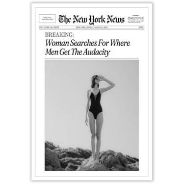 Imagem de Pôster vintage preto e branco em tela de jornal arte de parede New York Times impressão de manchete pintura para casa quarto dormitório bar carrinho decoração de parede 20 x 30 cm sem moldura