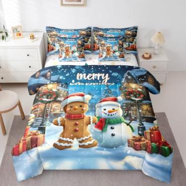 Imagem de Conjunto de cama de casal para homem de gengibre, boneco de neve fofo Feliz Natal, 7 peças, floco de neve, inverno, poinsétia, para meninos e meninas, azul e marrom (elástico + lençol + 2 fronhas + 2