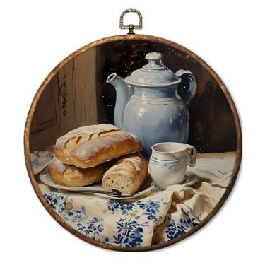 Imagem de Fyecoluo Arte de parede em tela redonda de cozinha country, arte em tela emoldurada rústica cottagecore sobremesa hora do chá, bule de chá antigo, círculo, pão, para decoração de cozinha, padaria