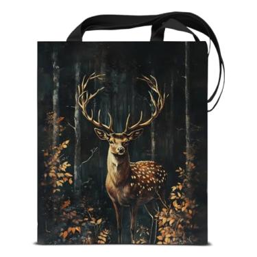 Imagem de KSFFWQIN Bolsa feminina de lona com estampa de veado estética com estampa de cervo escuro academia reutilizável para compras, trabalho, viagem, academia