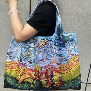 Imagem de Bolsa de compras estilo pintura a óleo, bolsa de mão dobrável leve, lavável à mão e reutilizável, grande bolsa de ginástica dobrável, estilo 3
