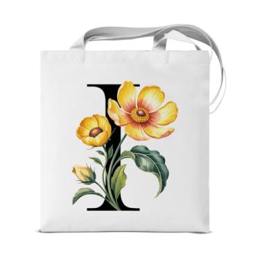 Imagem de KSFFWQIN Sacola de lona inicial I para mulheres, girassol, letra I, personalizada, reutilizável, bolsa de ombro para compras, praia, viagem, trabalho, monograma, presentes, bolsas estilosas