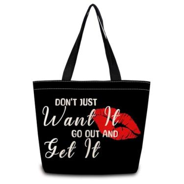 Imagem de ZhuVantrix Sacola de ombro com lábio vermelho, reutilizável, bolsa de ombro para compras estética, com bolso interno com zíper, elegante, vá e compre presente para mulheres