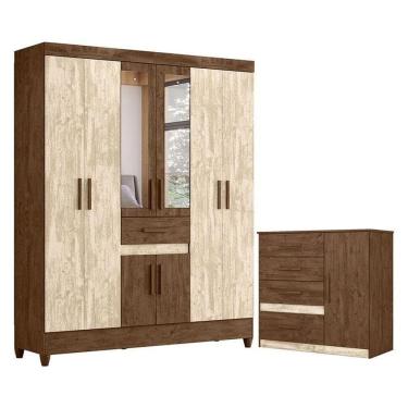 Imagem de Guarda Roupa Casal Portugal Com Espelho E Cômoda Vênus Castanho Avelã Wood - Moval