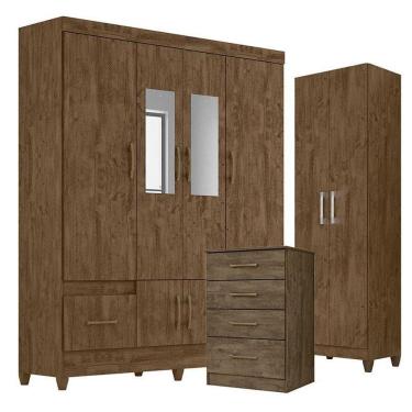 Imagem de Guarda Roupa Com Espelho Casal Ms912 Com Cômoda Ms913 E Armário Multiuso New íris Castanho Wood - Moval