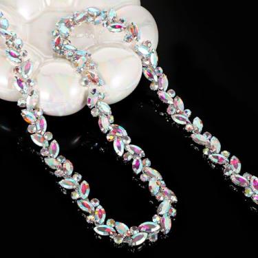 Imagem de Acabamento de corrente de strass de cristal brilhante de 3 metros, aplique de flores coloridas e folhas para bricolage, casamento e enfeite de fantasia