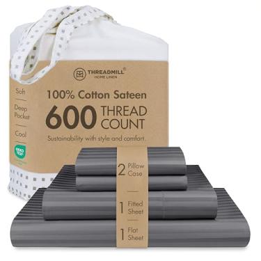 Imagem de Jogo de cama de casal Threadmill 100% algodão 600 fios, para colchões altos de 40,5 cm, em cetineta listrada adamascada com efeito refrescante, 4 peças, cinza-escuro