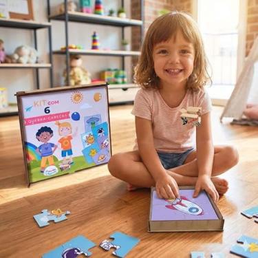 Imagem de Brinquedo Pedagógico Em Madeira Estojo Kit 6 Quebra Cabeças Infantil Com 4 Peças Cada (Estojo Astronauta)