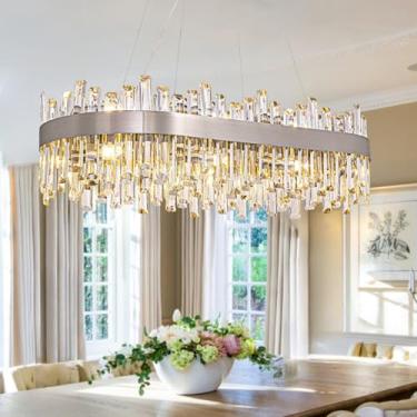 Imagem de Siljoy Lustre de cristal moderno de 16 luzes, lustre de gota de chuva de cristal retangular de luxo de 2 camadas, luminária de teto oval de níquel escovado para sala de jantar, cozinha, ilha, bar, L90