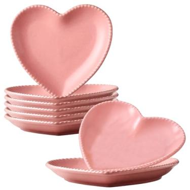 Imagem de Wuqoioo Pratos de cerâmica, pacote com 8 pratos de jantar de cerâmica, pratos de coração, tigelas de salada de sobremesa para aperitivo, bife, lanches, microondas e forno (rosa)