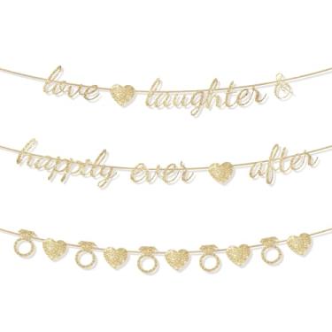 Imagem de Bandeira Chá de Panela, Bandeira de Casamento em Ouro Champanhe Pré-Montada com Cartões Padrão Decorativo Coração e Anel Diamante para Festa Noivado Festa Casamento