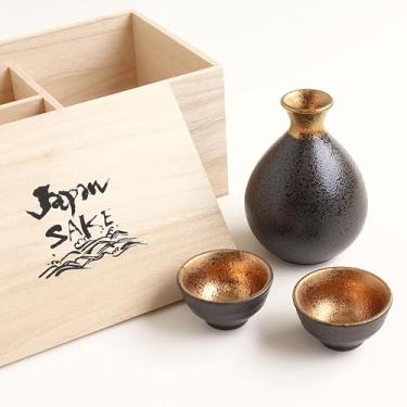 Imagem de Conjunto de saquê japonês, decantador de cerâmica Mino Ware com 2 copos Guinomi, cerâmica tradicional feita à mão no Japão (ouro eclipse, decantador (300 ml), copo (50 ml - 50 ml))