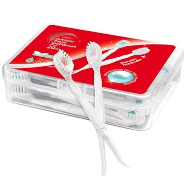 Imagem de Mini escovas de dentes descartáveis com pasta de dente e palito, limpadores de língua, reduzem o mau hálito, raspador de língua, escova de dentes pré-colada, escolha para trabalho ou viagem (pêssego,