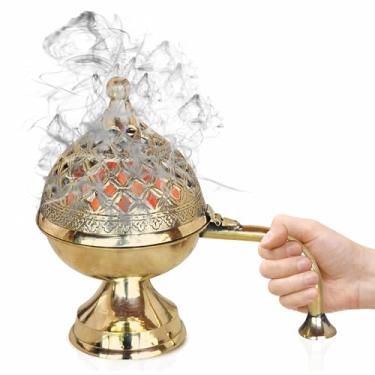 Imagem de Queimador Dhuna Loban de latão puro, queimador de incenso Dhooni Dhoop Dani redondo, suporte de incenso de latão de mesa para loban, Dhoop Dani elegante e tradicional para purificar a casa (grande)