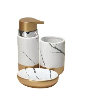 Imagem de Kit 4 Peças para Banheiro de cerâmica - saboneteira, porta-sabonete líquido, escova e xícara(Mármore Branco-kit3)