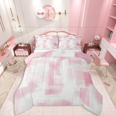 Imagem de Erosebridal Conjunto de edredom rosa ombré, solteiro, rosa, branco, pinceladas, abstrato, geométrico, estético, xadrez, artístico, minimalista, pintura a óleo