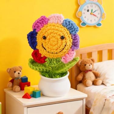 Imagem de Flor artificial de crochê, decoração floral feita à mão, buquê de fio macio para casa, escritório, decoração de mesa (sete cores)