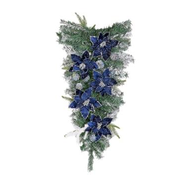 Imagem de Fancyes Guirlanda de Natal em formato de lágrima, grande, flores de poinsétia azul para porta da frente, guirlanda de inverno para decoração de escada