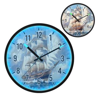 Imagem de Blueangle Relógio de parede com luz noturna LED que brilha no escuro e ativado por voz, silencioso, 30,5 cm, grande design de navio clipper operado por bateria para decoração de quarto e sala de estar