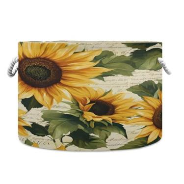 Imagem de SEHANY Cesta redonda grande de girassol amarelo com alça de corda, cesto de roupa suja de lona para armazenamento de cobertores, cesta de armazenamento infantil para quarto de banho, decoração de