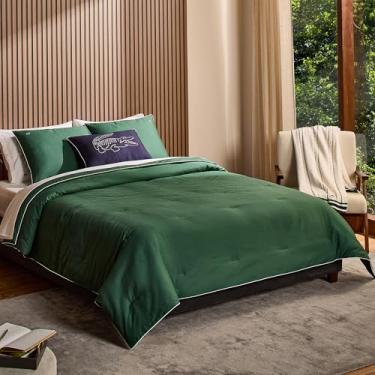 Imagem de Lacoste Conjunto de edredom tiebreak – 100% algodão percal, tecido otomano canelado, acabamento maquinete texturizado, aquecimento alternativo para todas as estações, certificado Oeko-Tex, verde, king