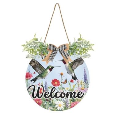 Imagem de SEHANY Placa de boas-vindas colorida, beija-flor, decoração de porta da frente, guirlanda de boas-vindas redonda para decoração de casa de fazenda, varanda, pátio, 30 x 30 cm
