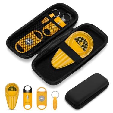 Imagem de Conjunto portátil de acessórios para charutos, caixa de charuto/umidificador 4 em 1 - cortador de corte V, cortador reto, furador, cinzeiro de cerâmica com bolsa de acessórios, kit de ferramentas de