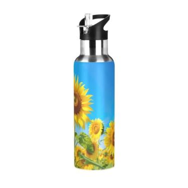 Imagem de Wassud Garrafa de água esportiva de aço inoxidável com canudo garrafas de água com isolamento de palha, copo de campo de girassol portátil, 946 ml