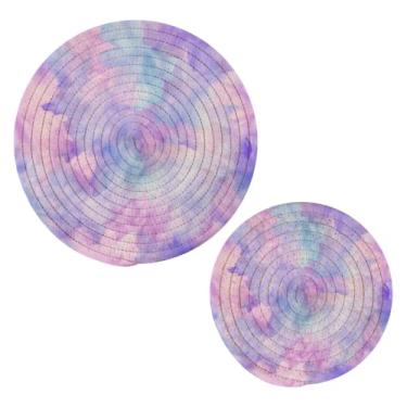 Imagem de Wassud Conjunto de trivet de flores tie dye lavanda para pratos quentes, suportes redondos de algodão, almofadas quentes, porta-copos elegantes, decoração de cozinha e acessórios, 2 peças