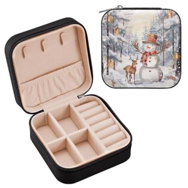 Imagem de Wassud Estojo de joias de viagem de boneco de neve e veado para mulheres, meninas, senhoras, noiva, mini organizador de joias de couro PU, caixa quadrada de armazenamento de joias para brincos, anéis