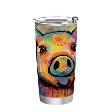 Imagem de Wassud Copo de pintura de porco fofo de 590 ml com tampa e canudo, copo isolado a vácuo de parede dupla de aço inoxidável caneca de café para bebidas frias e quentes