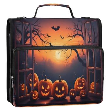 Imagem de CEBUGI Fichário de 3 anéis com zíper com alça de ombro, pasta de arquivo expansível de 3,8 cm, anéis D, para escola, escritório, Halloween, abóboras
