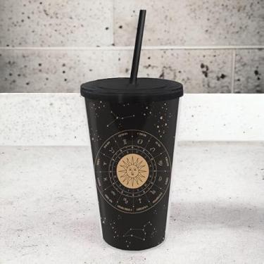 Imagem de Copo Canudo Zodíaco, Vidro Preto, 500ml, Design Celestial com Símbolos Astrológicos, Canudo Reutilizável, Parede Dupla, 15cm Altura x 9cm Diâmetro