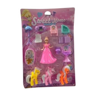 Imagem de Sweet Home Conjunto de Boneca com Pôneis e Acessórios, Plástico Atóxico, Rosa, 13cm, com Móveis em Miniatura, para Crianças +3 Anos