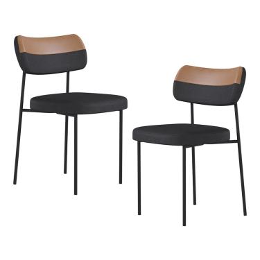 Imagem de Kit 02 Cadeiras Sala De Jantar Lila Estofada Couríssimo Whisky Linho Grafite - Desk Design