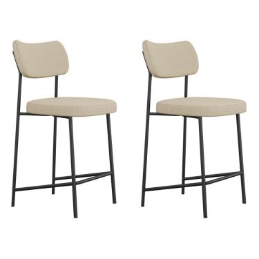 Imagem de Kit 2 Banquetas Médias Para Cozinha Lila Estofada Aço Carbono Assento Linho Bege Desk Design