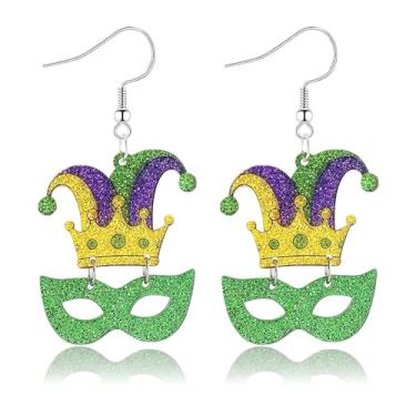 Imagem de Brincos pendentes de carnaval para mulheres com coroa de glitter colorido chapéu de bobo da corte máscara brincos de borla joias de carnaval para mulheres brincos de máscara de carnaval acessórios