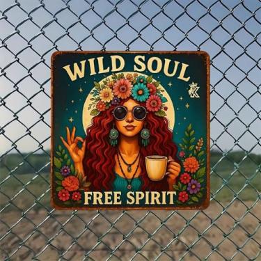 Imagem de Wild Soul Free Spirit Flower Crown Vintage Metal Tin Sign Wall Art - Decoração de parede retrô de 20 x 20 cm para casa, bar, garagem e escritório fazenda