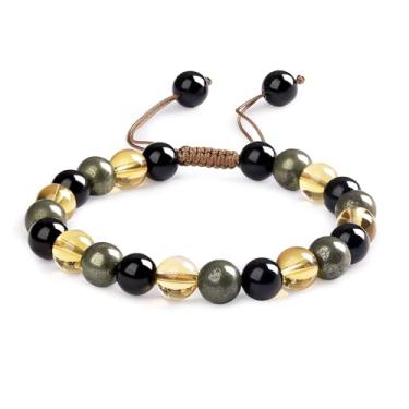 Imagem de Atminafays Pulseira de atração de riqueza - joia de sucesso de obsidiana de pirita citrina 8 mm pedras naturais para negócios e meditação | Impulsionador de abundância para empreendedores | Pulso