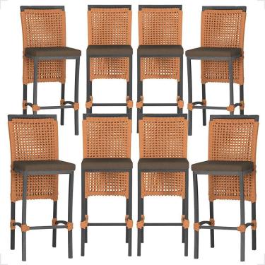 Imagem de 8 Banquetas Em Alumínio Roma Preta Corda Náutica Tecido 9 Terra Cota