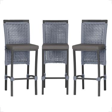 Imagem de 3 Banqueta Em Alumínio Roma Preta Corda Náutica Tecido 11 Prata